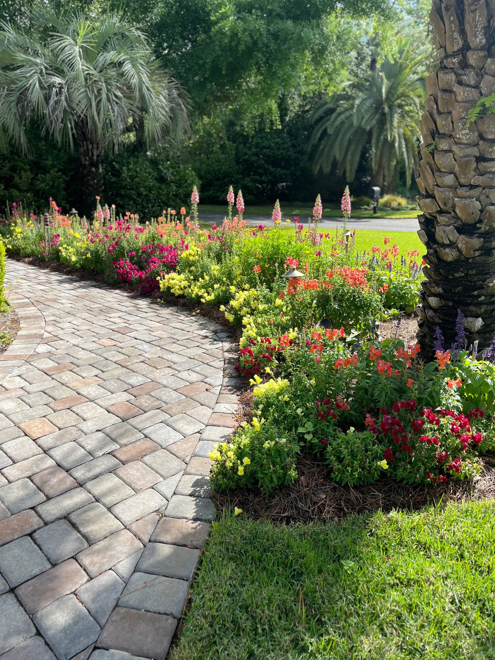 Paver walk beside a cutting border of snapdragons and foxgloves, with brass path lights.