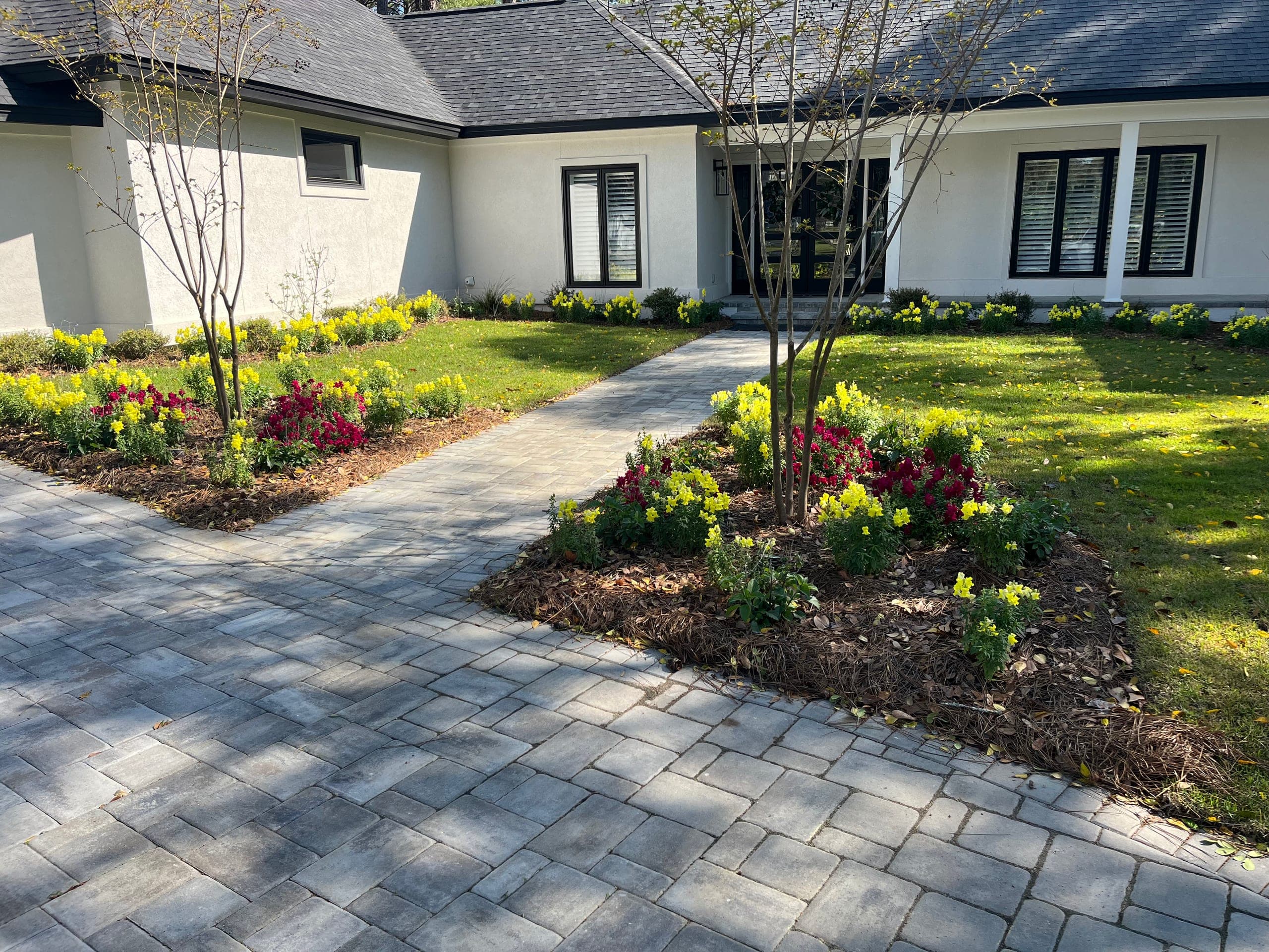 Front-yard beds and paver walks just planted, crape myrtles still bare.