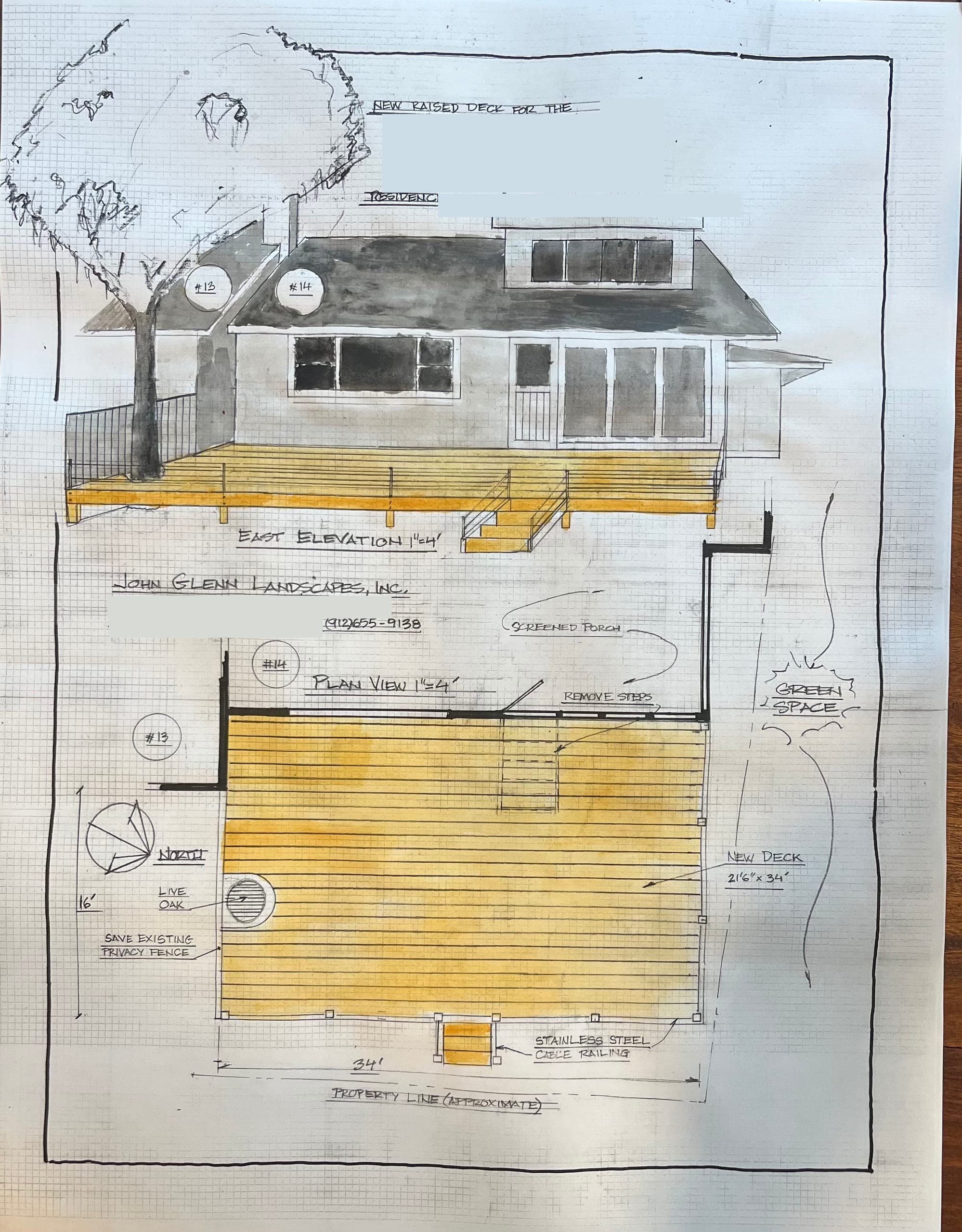 Hand-drawn watercolor design for a raised deck, elevation and plan views.