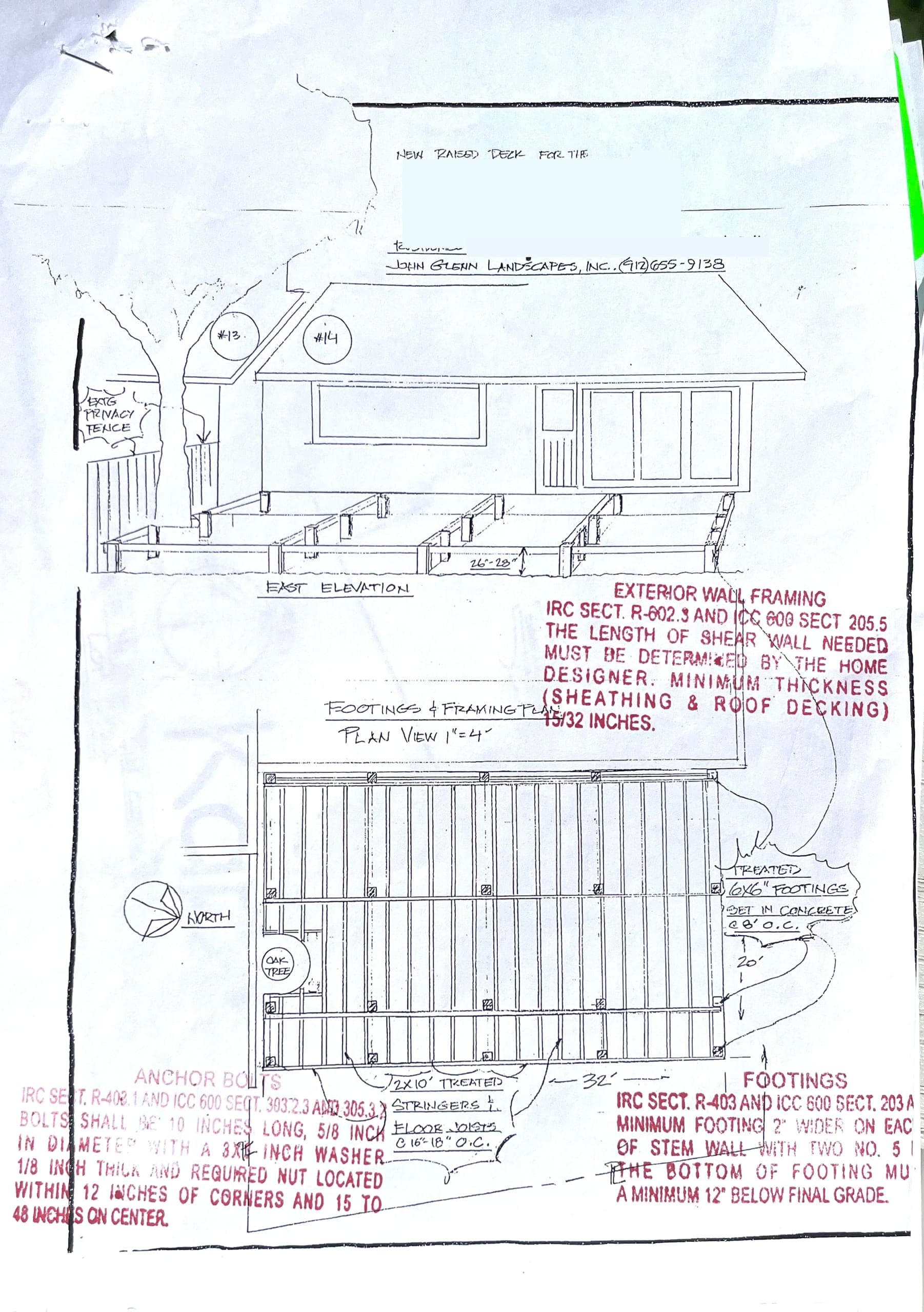 County-stamped permit drawing for the deck framing plan.
